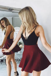 Black and Burgundy Criss-Cross Backless Short Evening Party Dress